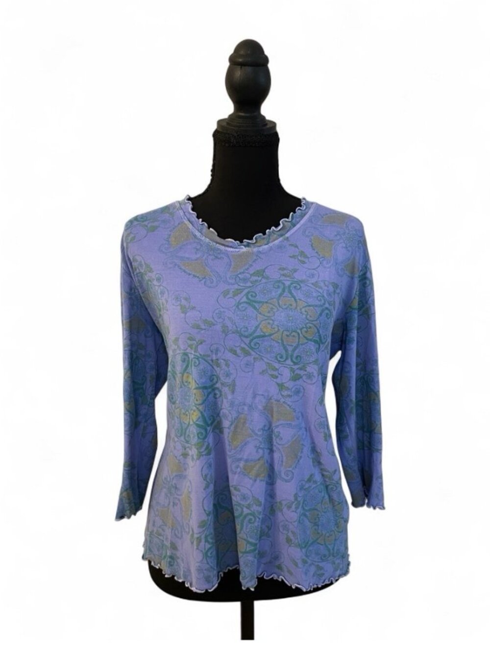 Fresh Produce 100% Cotton Shirt Purple Green Ruffle Hem High Quality Floral, L